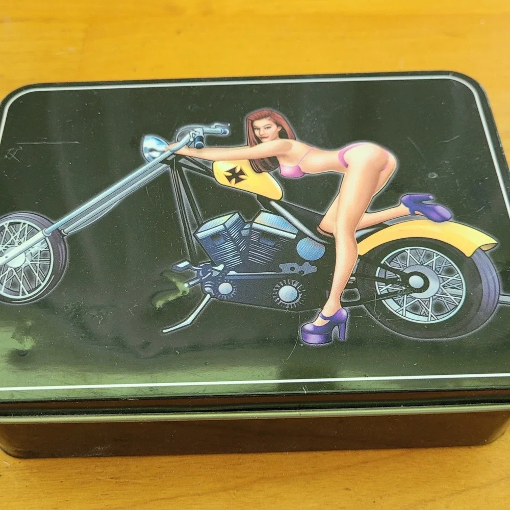 Motorcycle Pin Up Girl Knife In Tin Chopper Biker Novelty Collectible